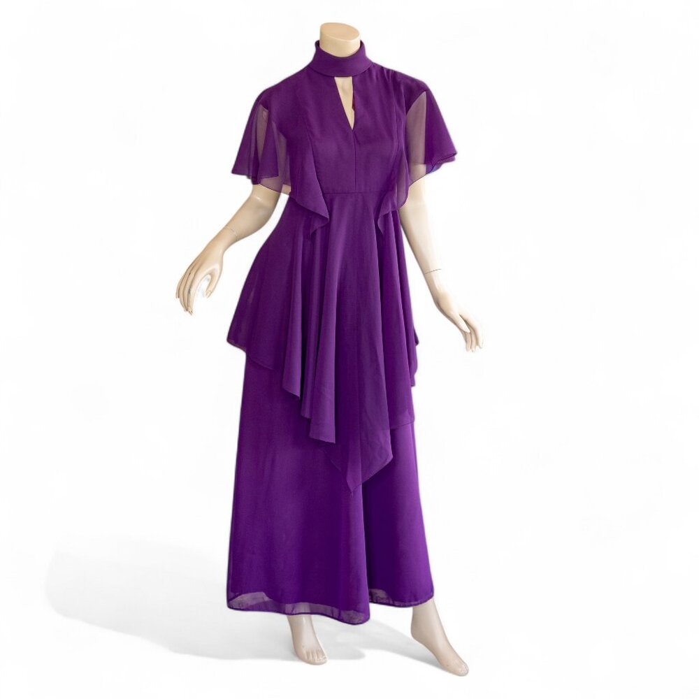 SOLD * 60s/Early 70s Berkertex Purple Chiffon Dress — Made in England - Picture 1 of 13